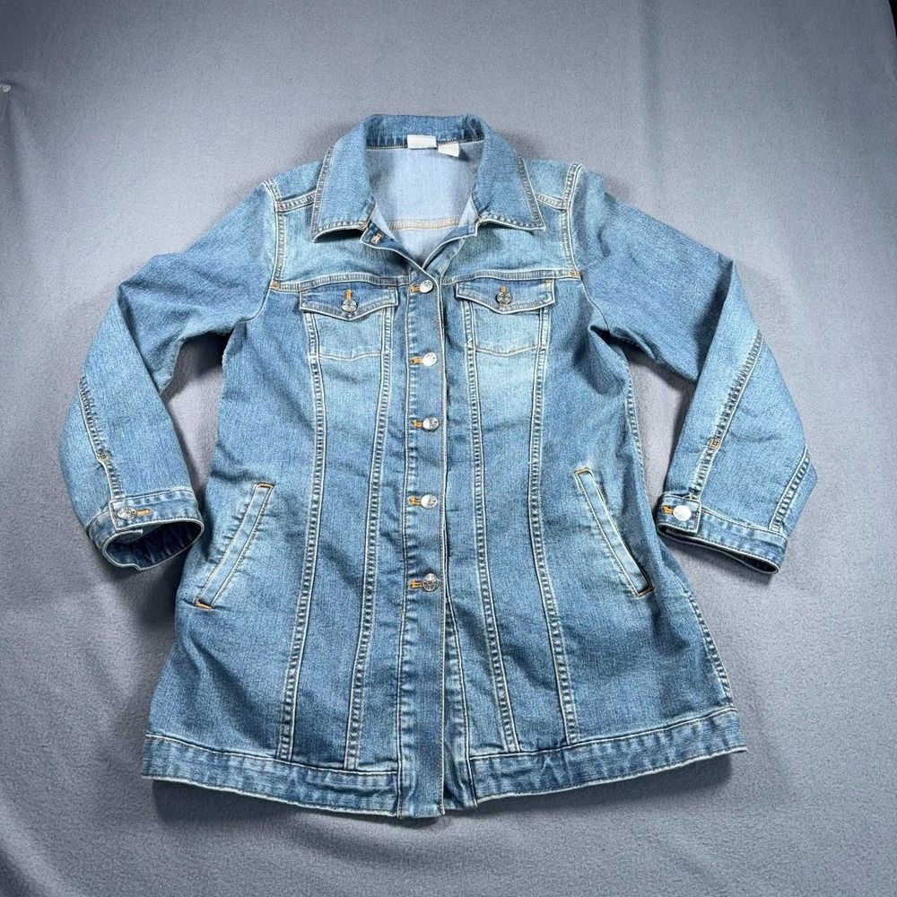 Chico's Denim Jacket Womens 8/10 Longline Trucker Blue Stretch 18x30